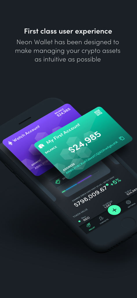 Neon Wallet Mobile - Neon Wallet Mobile interface showing crypto accounts and portfolio balance on an iPhone.