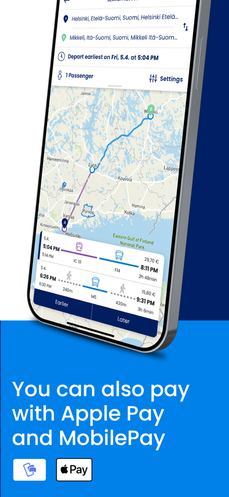 Reitit ja Liput - A smartphone showing the Reitit ja Liput app with a route map from Helsinki to Mikkeli and information about Apple Pay and MobilePay support.