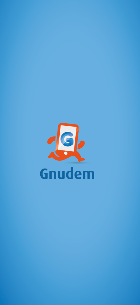 Gnudem - Gnudem entertainment app splash screen featuring a running red smartphone logo on a blue background.