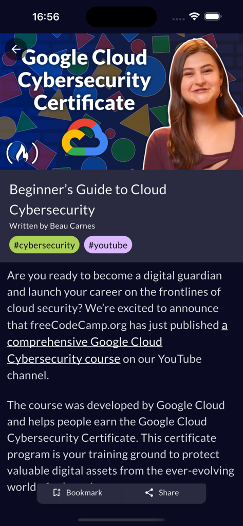 Screenshot der freeCodeCamp-Mobil-App, der einen Artikel zum Thema Cloud-Cybersicherheit für Anfänger zeigt.