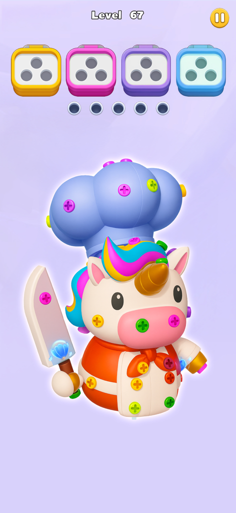 Bolts Off: Screw 3D Master - A 3D unicorn chef character covered in colored screws in the Bolts Off mobile game