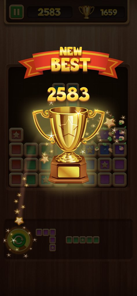 Una nueva pantalla de puntuación alta en Block Puzzle Star Finder con un trofeo dorado y una cuadrícula de bloques de madera brillante