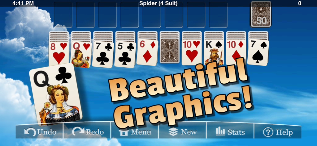 Eric's Spider Solitaire Lite - Captura de tela da jogabilidade de Eric's Spider Solitaire Lite apresentando um layout de cartas contra um fundo de céu com o texto Beautiful Graphics