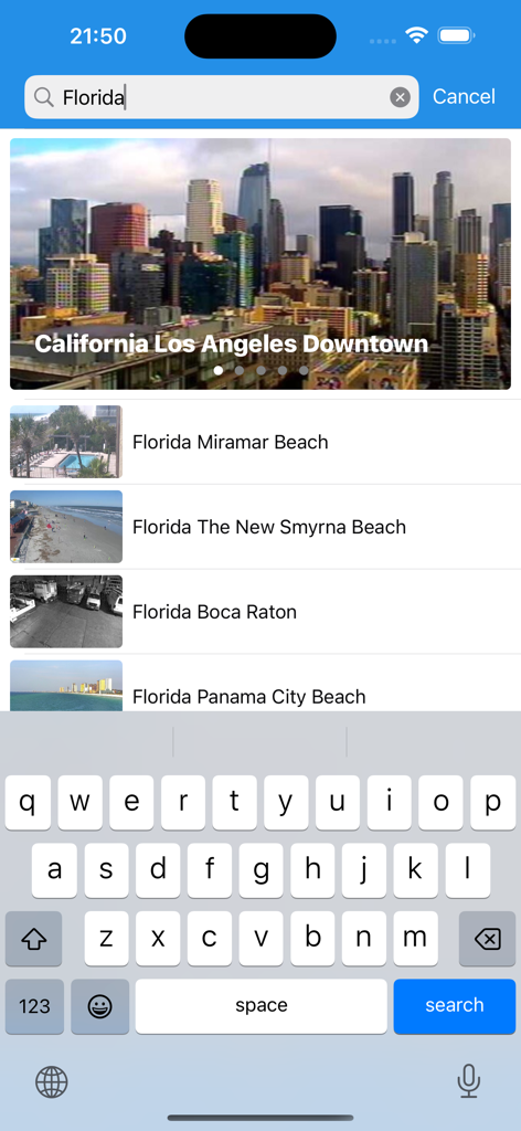 USA Cameras app search screen showing live webcam results for various Florida beaches and cities