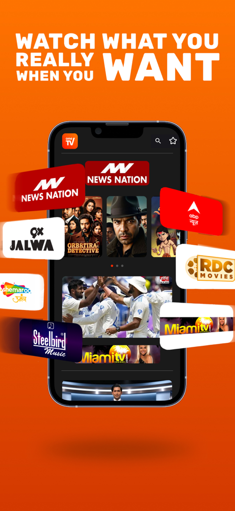TV One app interface on a smartphone featuring Indian news sports and movie channels