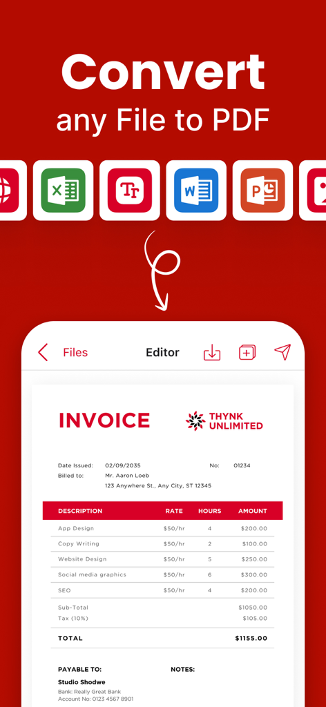 PDF Editor - Fill, Edit & Sign - A mobile app interface displaying the ability to convert various file types like Word and Excel into a PDF invoice