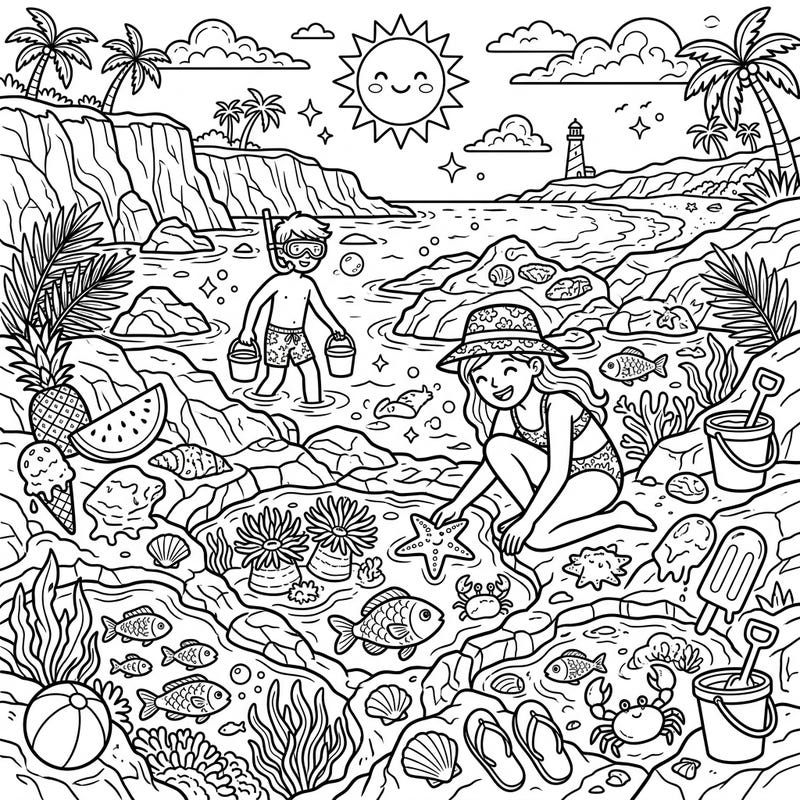 Capture the joyful spirit of summer with this delightful tidal pool beach coloring page, featuring kids exploring marine life and enjoying sunny days. Perfect for a relaxing and creative escape, this scene brings the warmth and wonder of the seaside right to your fingertips.