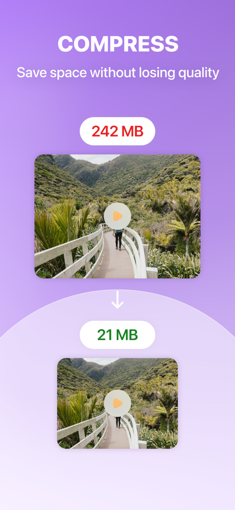 CleanMate App-Oberfläche, die zeigt, wie ein Video von 242 MB auf 21 MB komprimiert wird, um Speicherplatz zu sparen.
