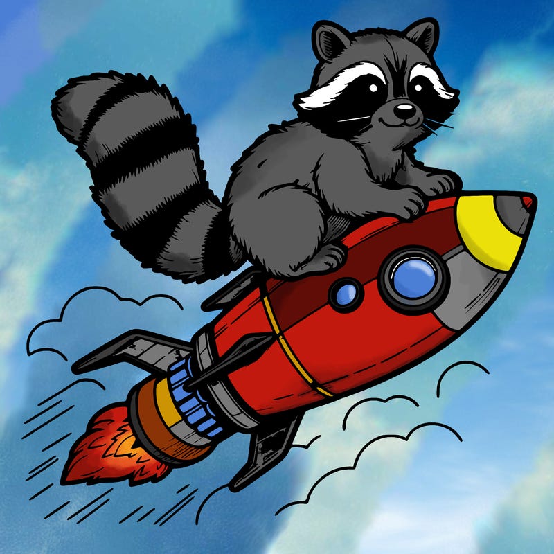 realistic raccoon flying on top rocket ship