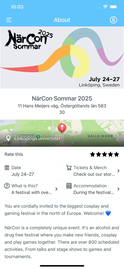 NärCon! - Tela 'Sobre' do aplicativo NärCon mostrando detalhes do evento para NärCon Sommar 2025, incluindo datas e mapa do local.