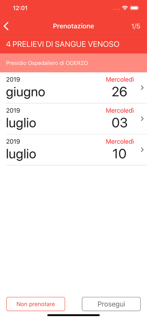 Selezione delle date disponibili per un appuntamento per un esame del sangue nell'app medica ULSS 2.
