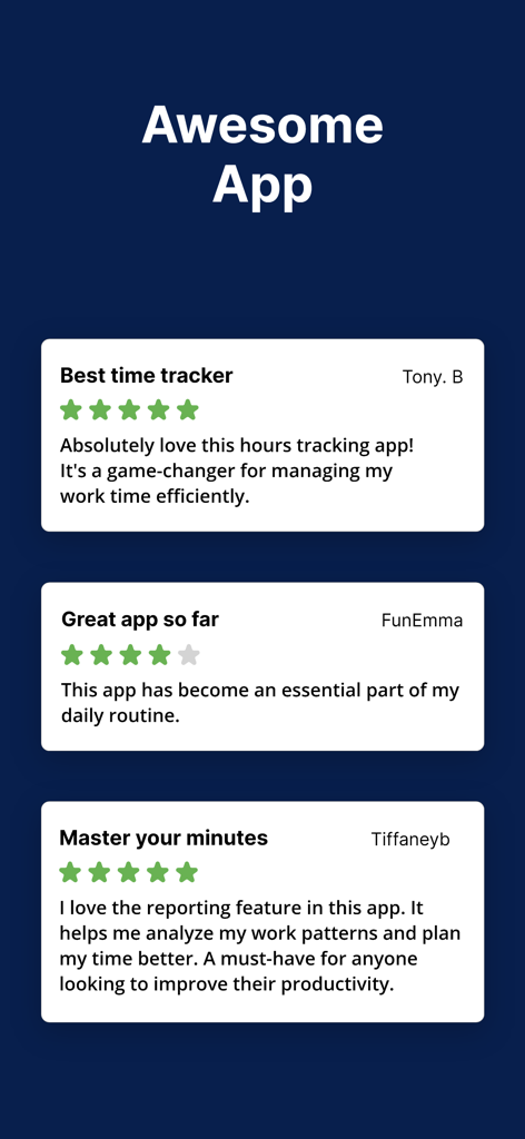 Tres reseñas y testimonios positivos de usuarios para la aplicación Clock In and Out Hours Tracker