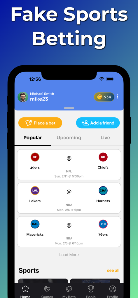 WagerLab app home screen showing popular NFL and NBA games for social sports betting