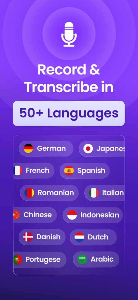 Smart AI Note Taker - MeetGeek - MeetGeek app interface highlighting record and transcribe features in 50 plus languages with flag icons