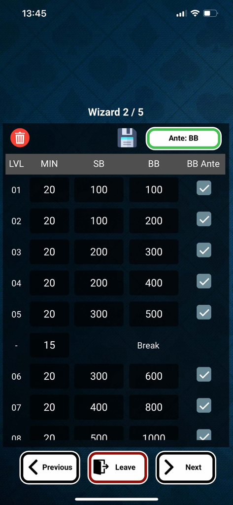 Tournament blind structure setup wizard in the Bullets Poker Clock app showing levels and blind values