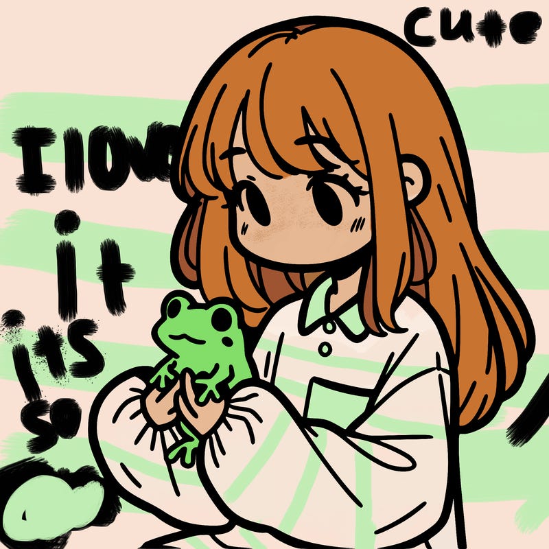 girl with long hair and a oversized shirt. and she is holding a frog