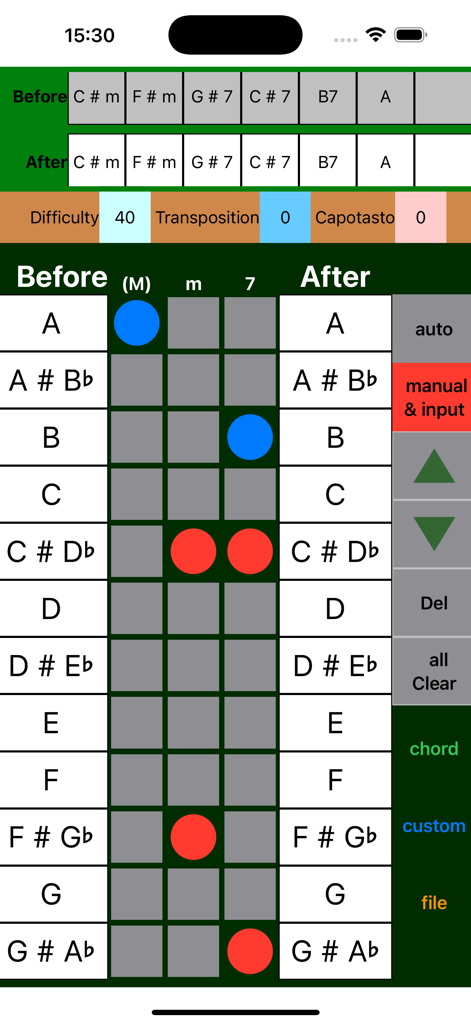 Guitar Chord Changer - Guitar chord transposition interface showing chord selection and capo position