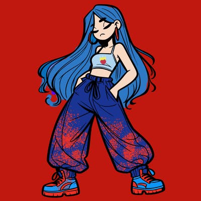 girl in baggy pants crop top and long hair