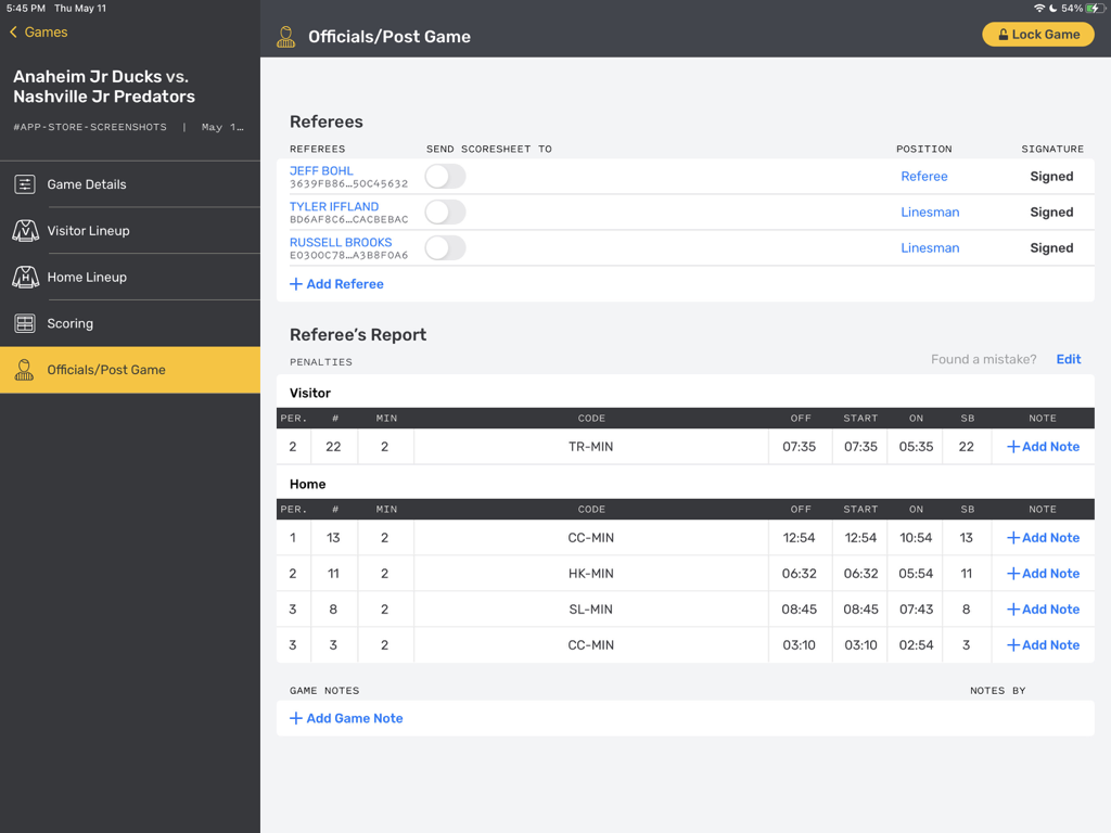 GameSheet App-Oberfläche für Offizielle nach dem Spiel, die Schiedsrichterunterschriften und Strafenprotokolle zeigt
