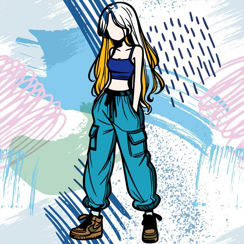 girl in baggy pants crop top and long hair