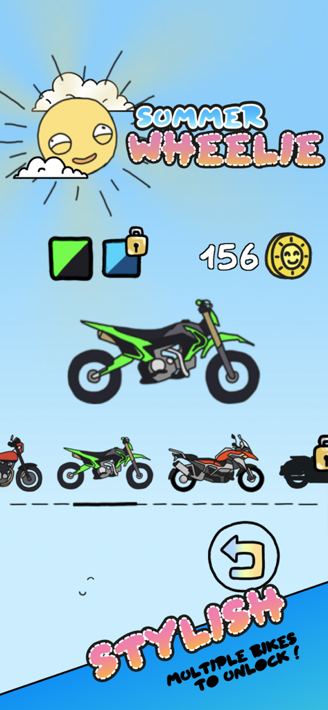 Summer Wheelie mobile game menu showing multiple motorcycles and bikes to unlock