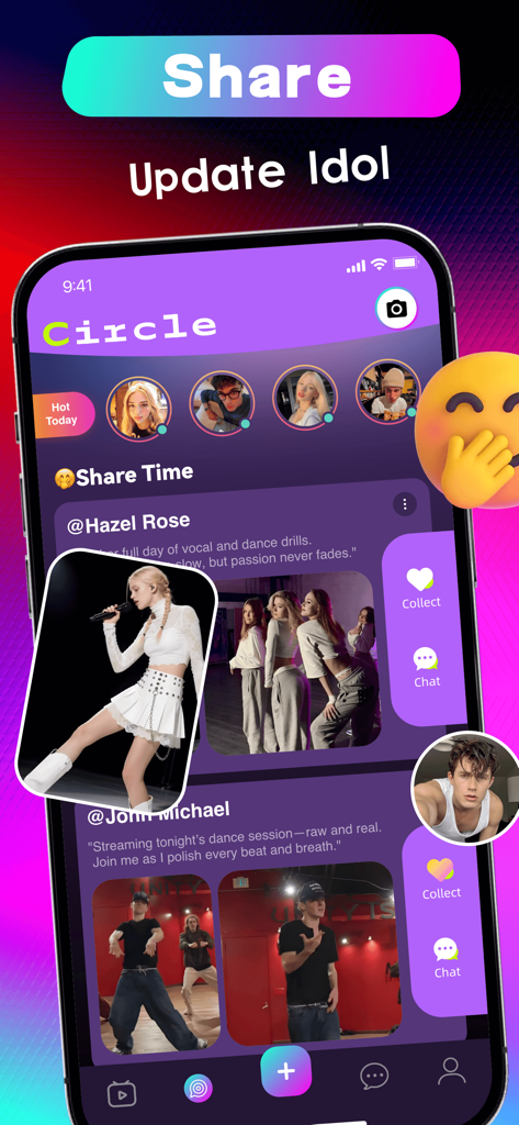 Fanliv: Girl Chat，Fun Show - La pantalla Circle de la aplicación Fanliv que muestra actualizaciones de fotos y opciones de chat de ídolos destacados