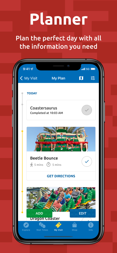 LEGOLAND California - Official - Screenshot of the LEGOLAND California app planner showing a daily itinerary with ride wait times and directions