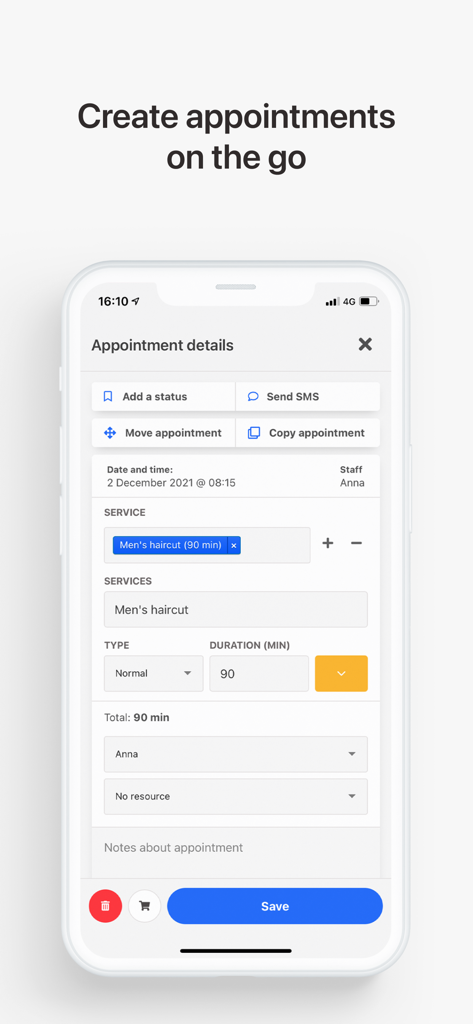 Noona HQ - A mobile interface for the Noona HQ app showing the appointment details screen with options to manage service, staff, and duration.