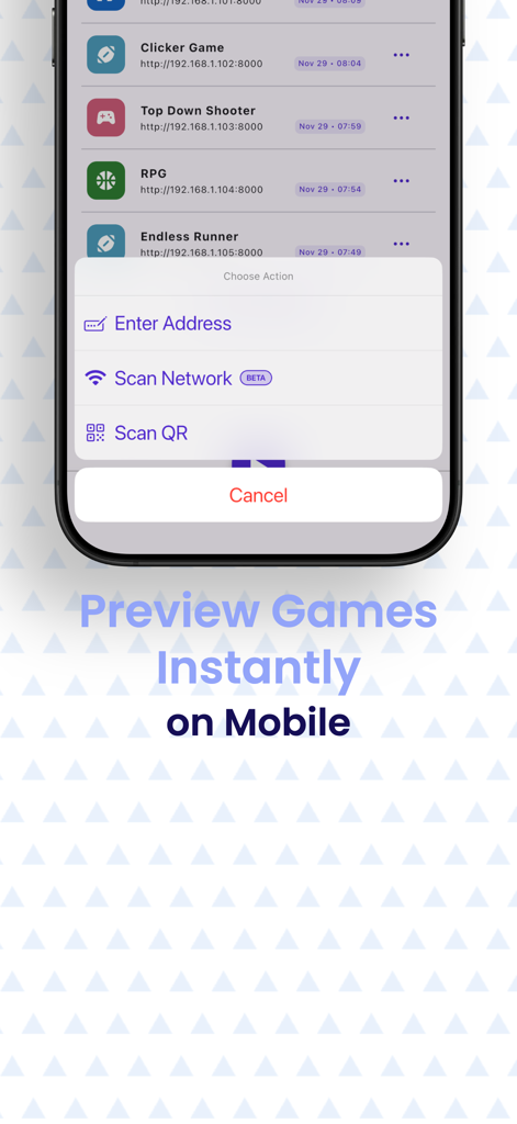 GDev Remote - for GDevelop - Mobile app interface showing options to preview GDevelop games instantly via QR scan or network.