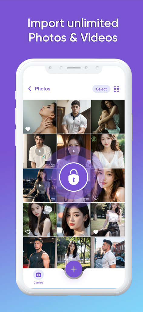 Photo vault - Photo lock app - Mobile app screen showing a secure gallery with a lock icon and the text Import unlimited Photos and Videos