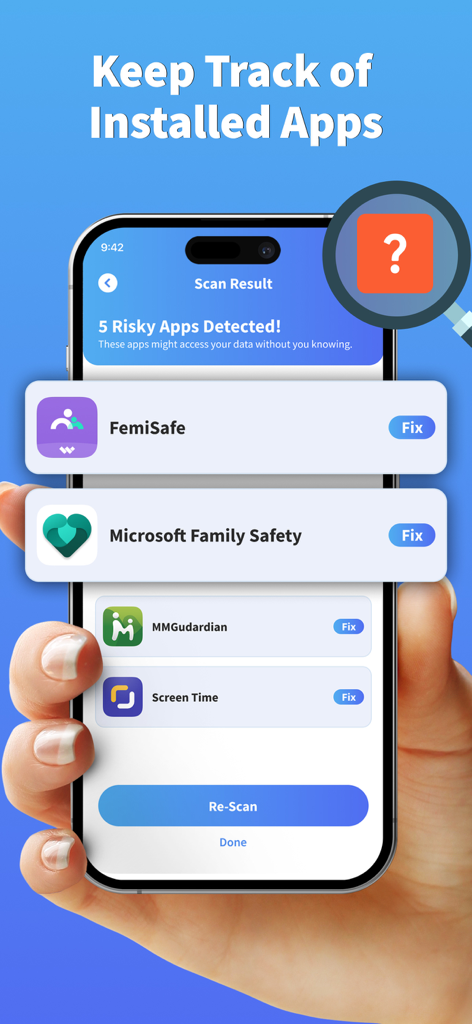 Pantalla de la aplicación Prosec mostrando el resultado de un escaneo que revela aplicaciones de riesgo detectadas en un smartphone