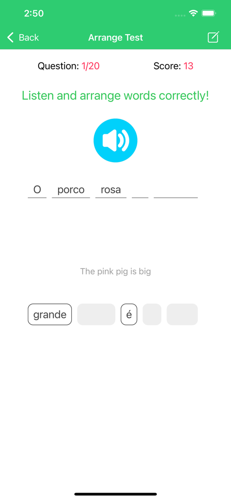 Learn Portuguese Premium - Mobile app screenshot showing an interactive Portuguese word arrangement test with audio support