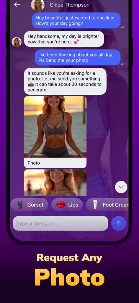AI Girl Friend Chat  - AMA - A mobile screen showing a chat with an AI companion named Chloe Thompson where the user requests a photo and receives generated images