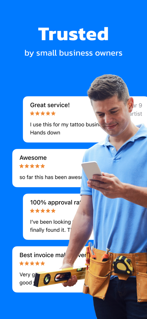 Invoice Maker・The Estimate App - A professional contractor using the Invoice Maker app on his phone with positive user reviews on screen