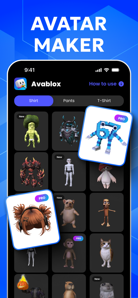 Skin Creator & Editor: Avablox - Avablox app interface showing a variety of creative 3D avatar skins and character customization options