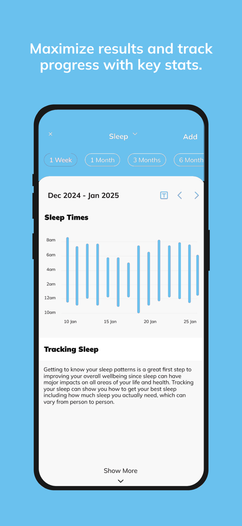 Peak Fitness (ABC Trainerize) - Peak Fitness mobile app screen showing a bar chart of daily sleep patterns and health statistics.