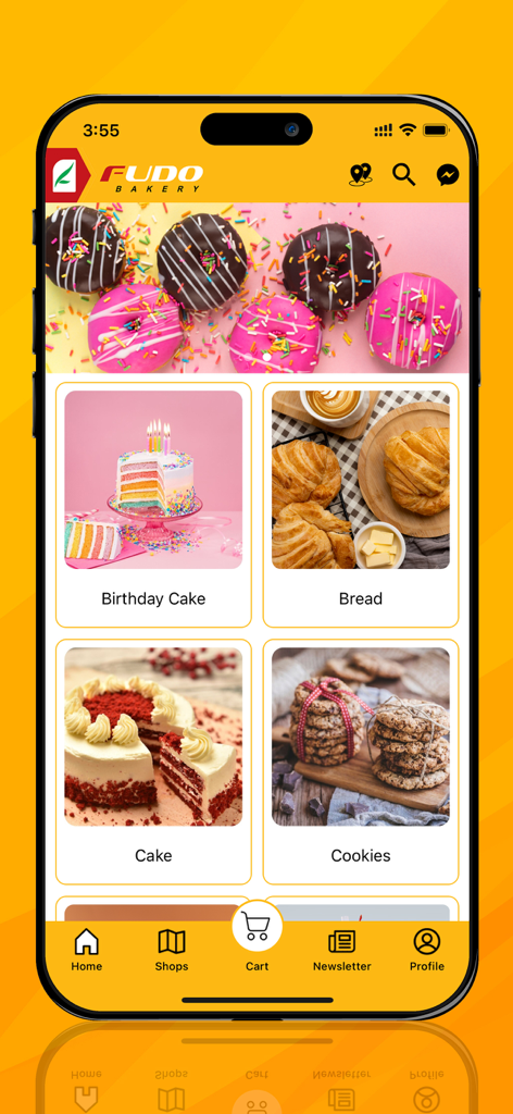 Fudo - Fudo Bakery app home screen showing categories for birthday cakes, bread, and cookies