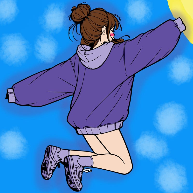 realistic girl jumping with a bun and oversized sweatshirt