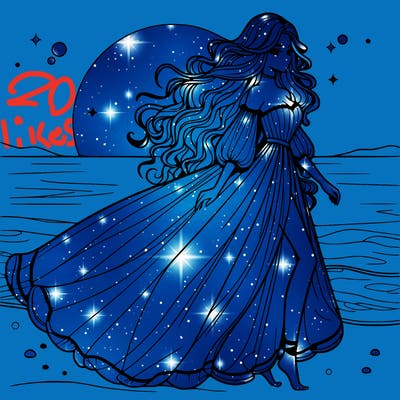 beautiful woman with a vaporous long dress walking on the beach at the noon, detailed art