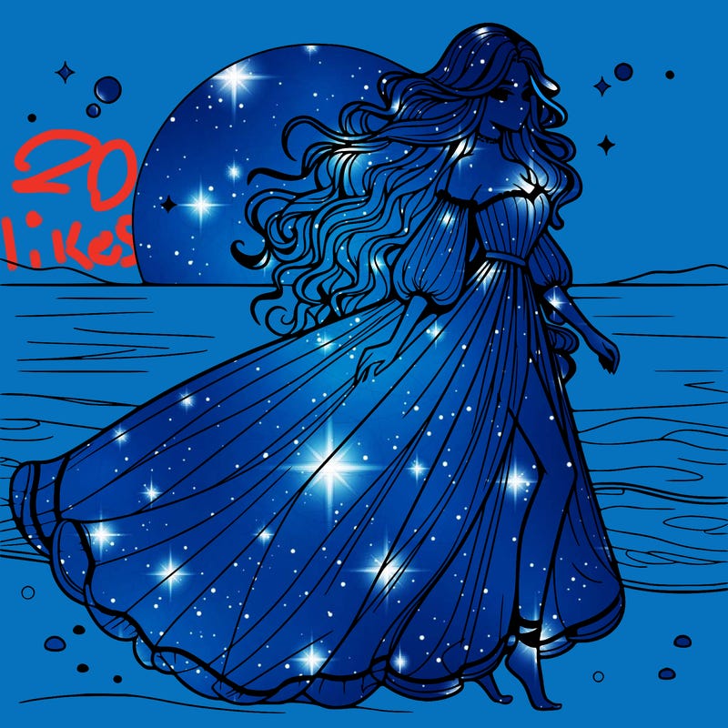 beautiful woman with a vaporous long dress walking on the beach at the noon, detailed art