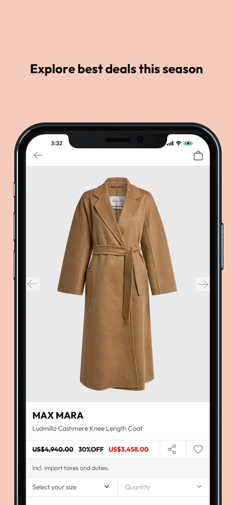 A screenshot of the IFCHIC app featuring a Max Mara luxury cashmere coat with a seasonal discount.