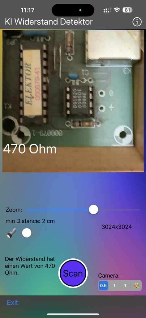 AI Resistor Detector - Interface do aplicativo Detector de Resistores AI identificando um resistor de 470 Ohm em uma placa de circuito