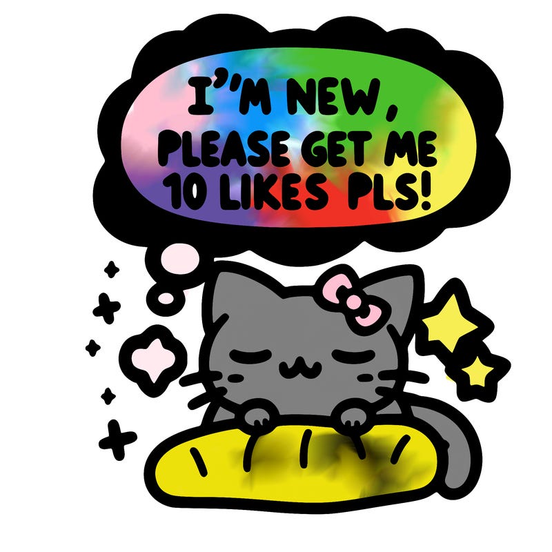kitty taking a nap dream talking and saying "i'm new, please get me at least 10 likes pls!!"