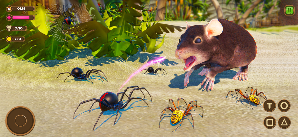 Wild Spider - Insect Simulator - Várias aranhas atacando um grande rato em um ambiente de selva 3D dentro do jogo Wild Spider.