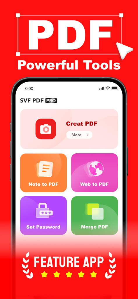 SVF PDF: OCR Scan Edit Reader - Interface of SVF PDF app showing tools for creating, merging, and password-protecting PDF documents on an iPhone.