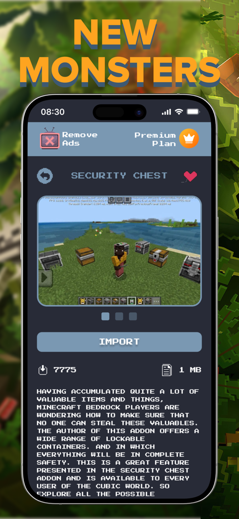 Curseforge Add-Ons for MCPE - Interface of Curseforge Add-Ons for MCPE showing the Security Chest mod details and an import button