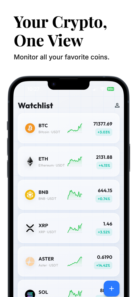 KryptoBot-App-Watchlist, die Echtzeit-Kryptowährungspreise und Sparkline-Charts auf einem iPhone zeigt