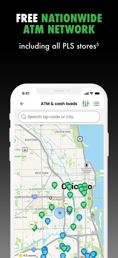 Xpectations!® Plus - Xpectations Plus App-Oberfläche mit einer Karte von kostenlosen landesweiten Geldautomaten und PLS-Geschäften.