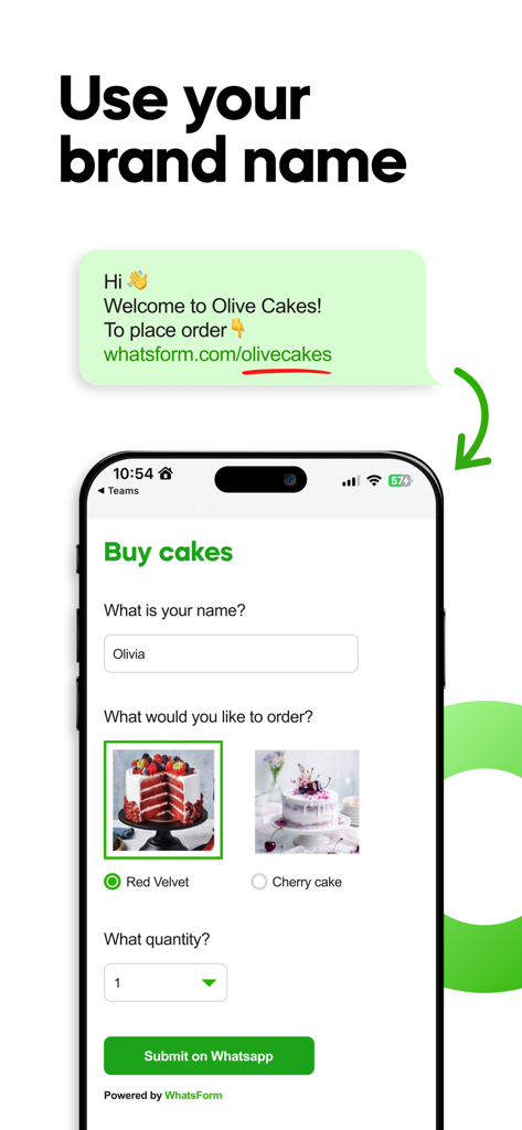 A mobile screen showing a custom cake order form with a Submit on WhatsApp button