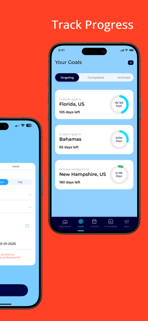 Chrono: Time in Place - Chrono app dashboard showing progress towards tax residency goals in Florida and the Bahamas